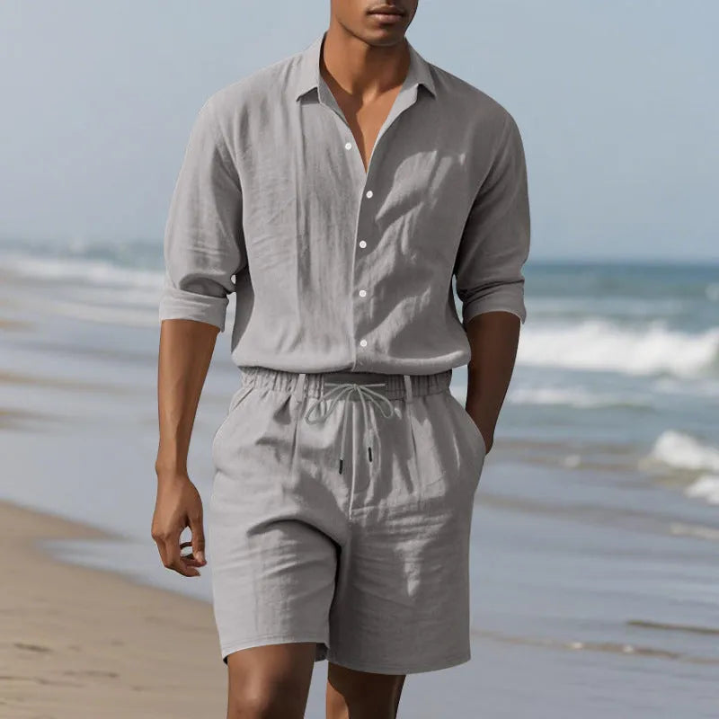 Men's linen blend long sleeve shirt and matching shorts set in light blue colour