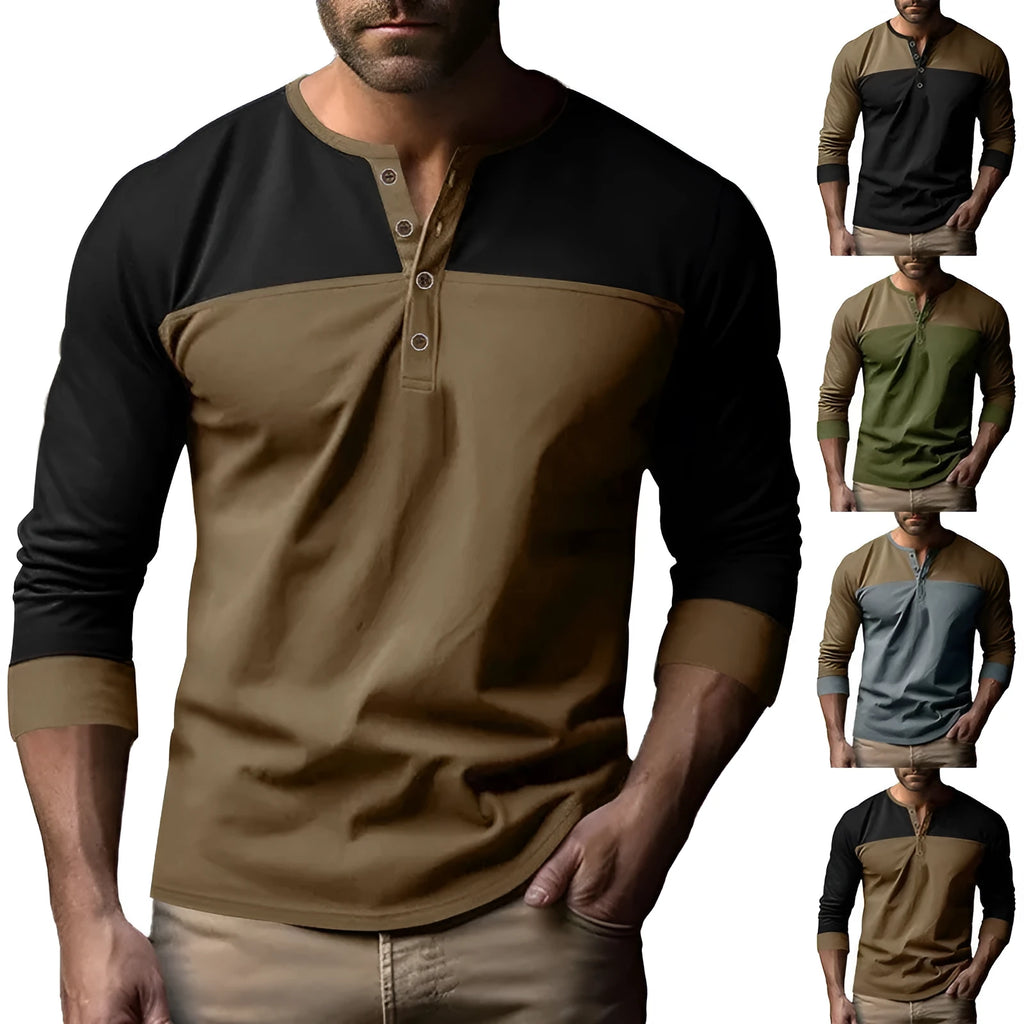Men's solid colour Henry collar long sleeve casual shirt in beaded twill fabric