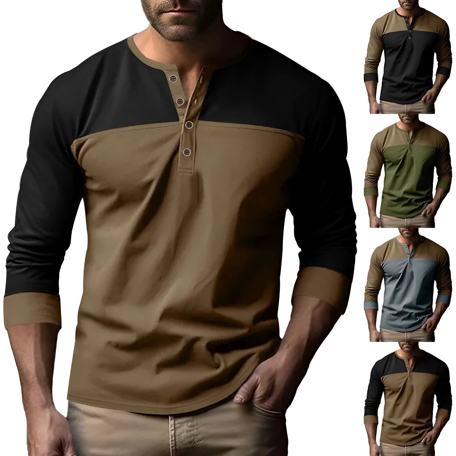 Men's solid colour Henry collar long sleeve casual shirt in beaded twill fabric