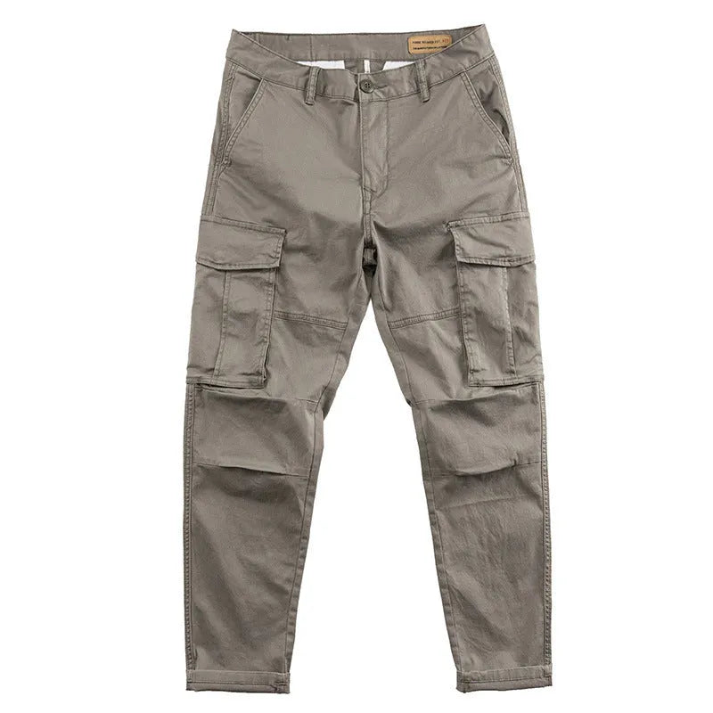 Men's cotton multi-pocket work trousers in khaki colour with cropped length design