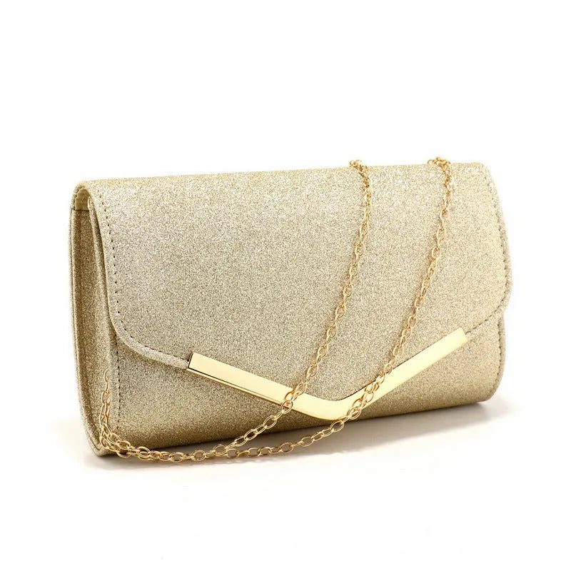 Frosted sequins dinner bag with high-grade metal decoration, horizontal square shape, available in six colours.