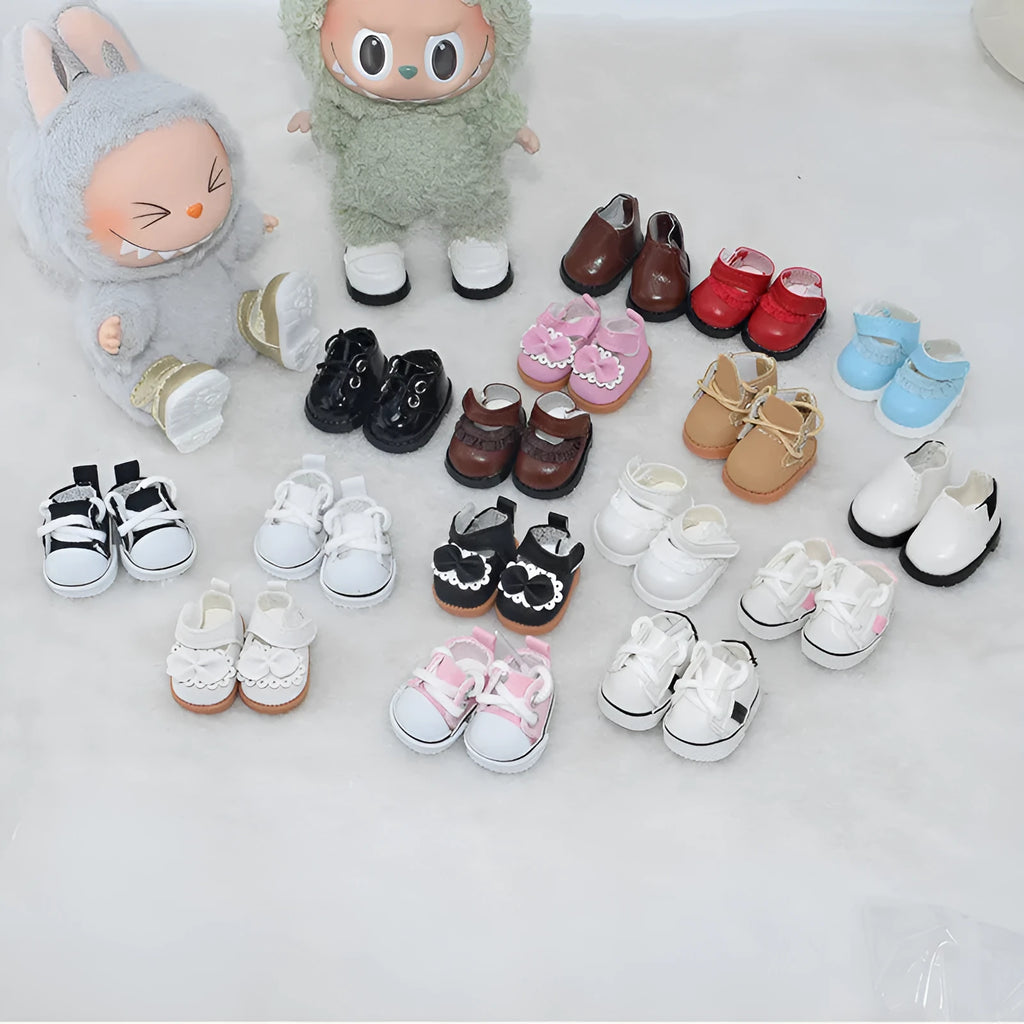 17cm doll replacement shoes in multiple colours including black boots, pink heels, and white leather shoes