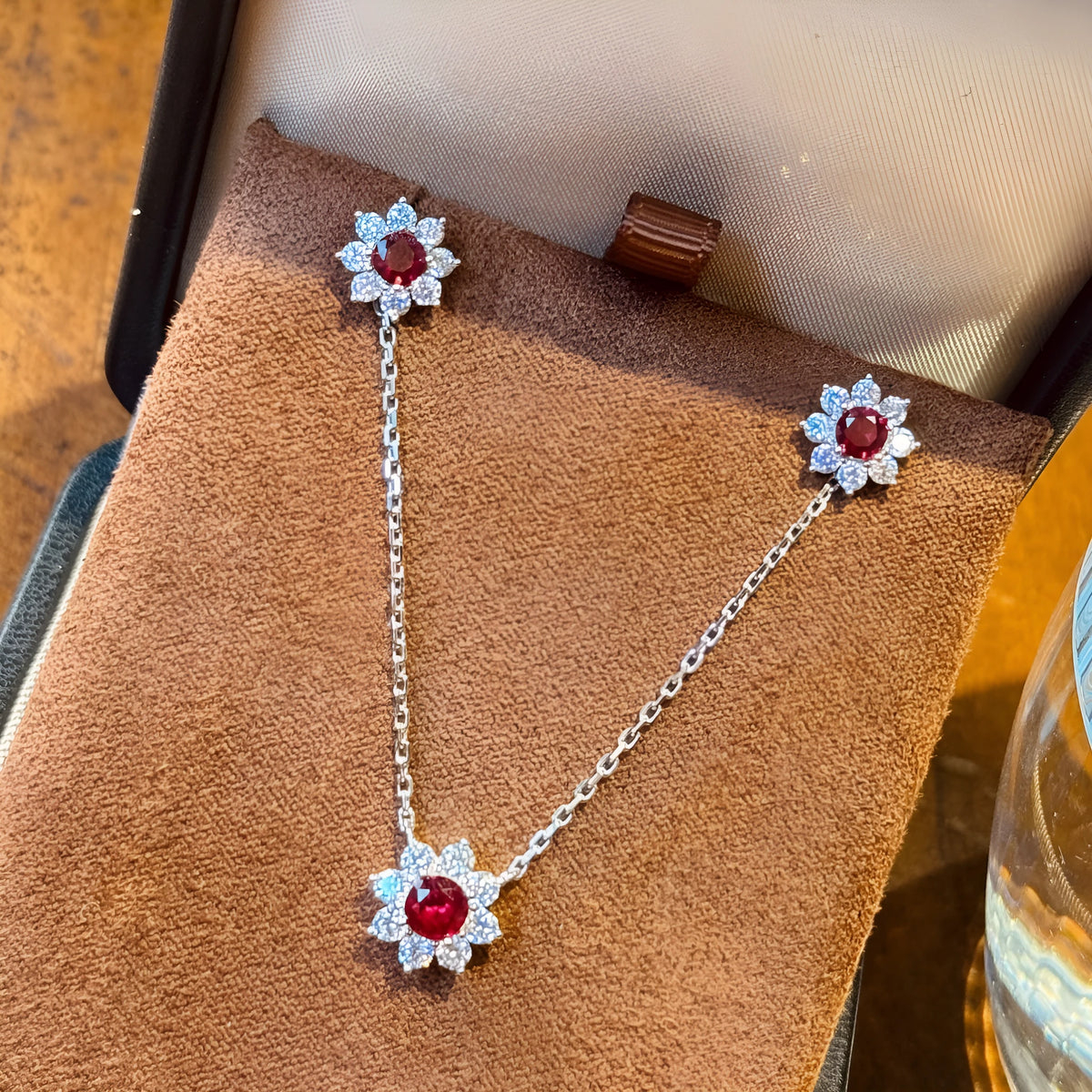 Red diamond inlaid flower-shaped 925 silver clavicle chain necklace and stud earrings set for women