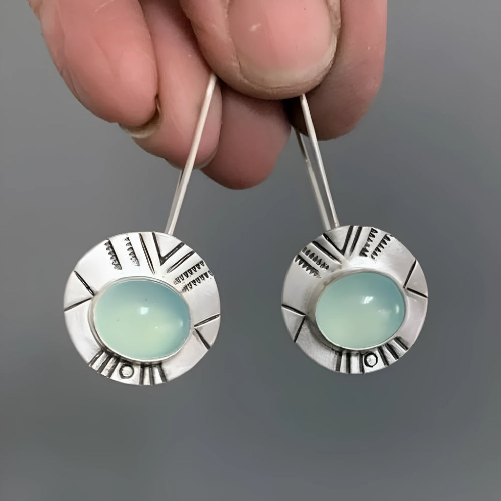 Water green chalcedony earrings for women, retro drop shape, antique silver water green metal, 44mm x 17mm, one pair