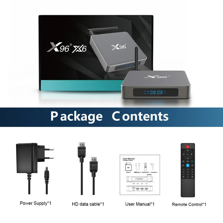 Android smart TV set-top box with voice remote control on a wooden table.