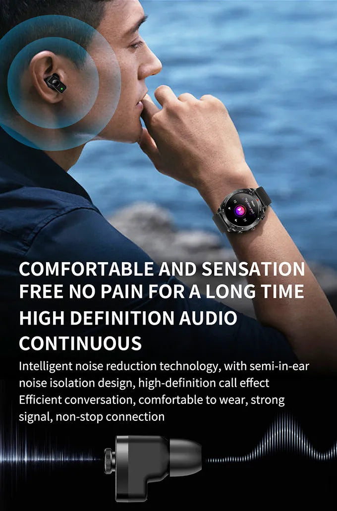 T95 Smart TWS smartwatch with black steel belt showing heart rate and time on IPS screen