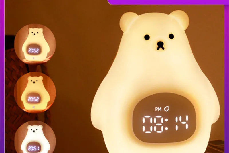 A white silicone night light shaped like a bear with a sleep timer and remote control.