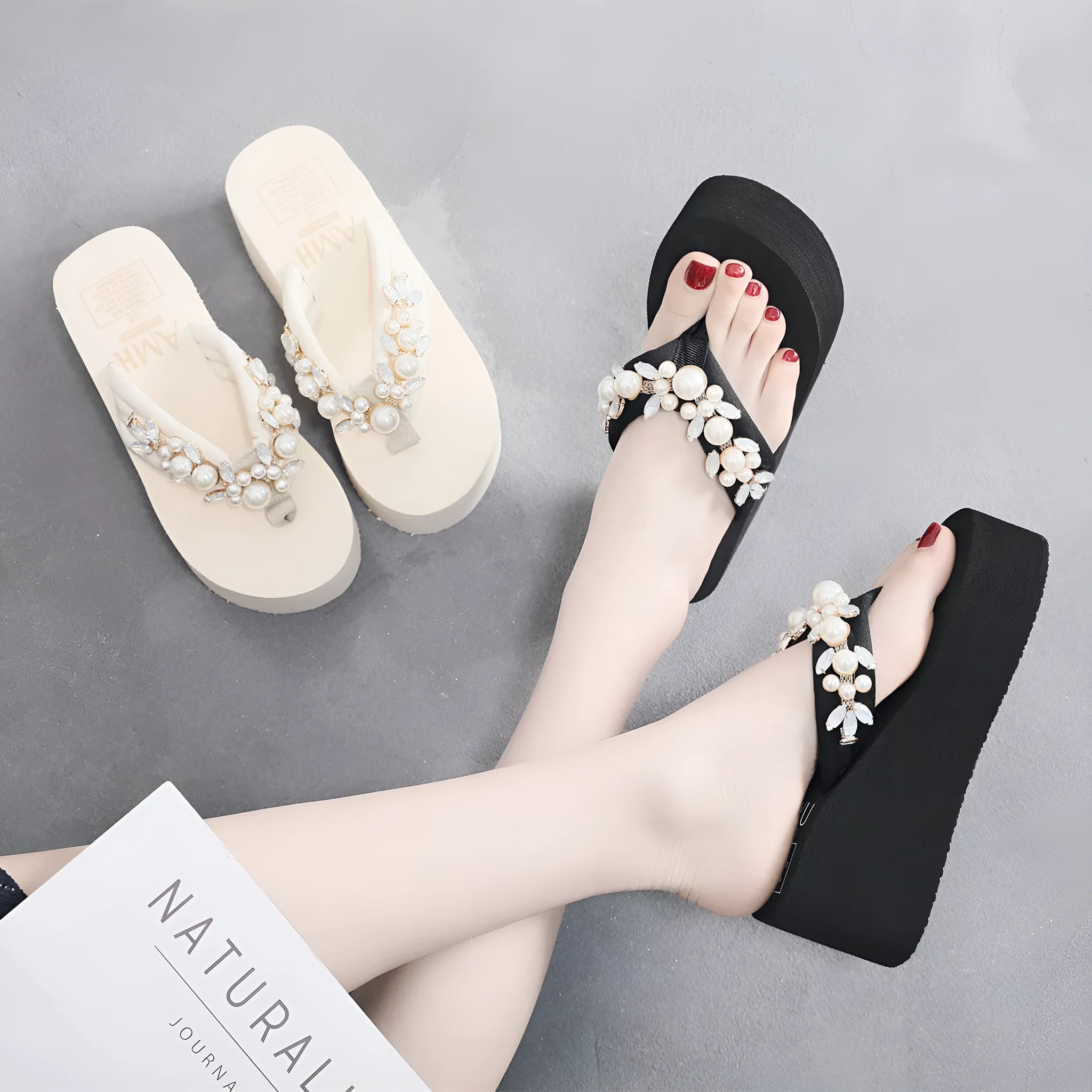 Women's high-heeled flip-flop in cotton cloth, shown in beige colour on a white background.
