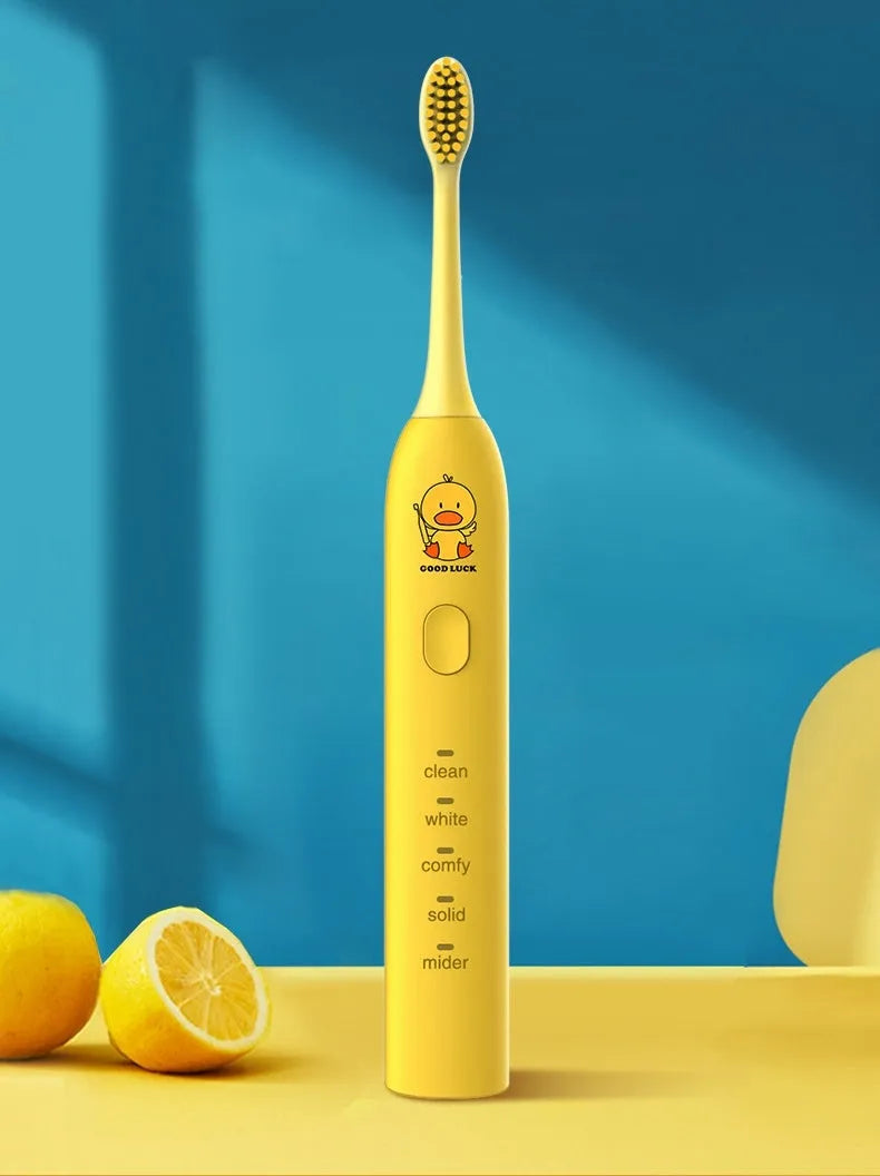 Small yellow duck USB rechargeable electric toothbrush with soft bristles and five gear settings