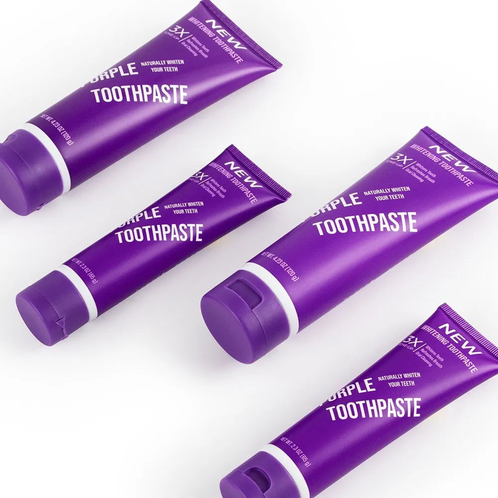 Purple whitening toothpaste tube for adults in 120g and 65g sizes for removing yellow stains
