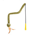 Green snake cat teasing stick with feather attachment measuring 140cm long