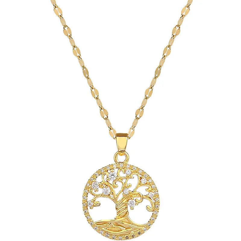 Gold-plated necklace with mother-of-pearl lucky tree pendant and adjustable stainless steel chain