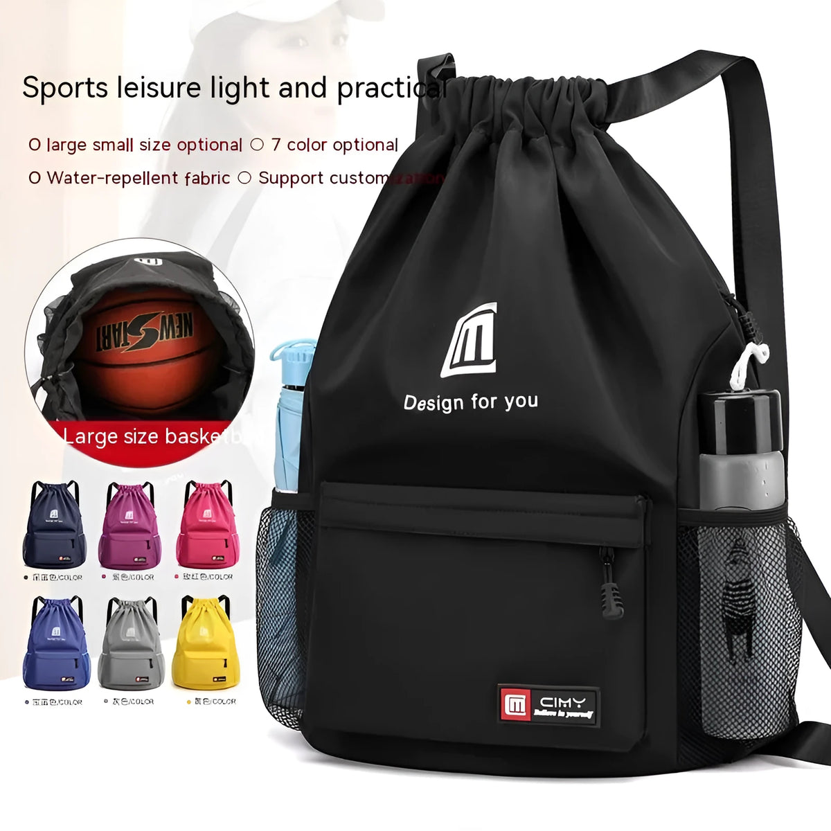 Oxford fabric sports bucket backpack with drawstring closure in multiple colour options