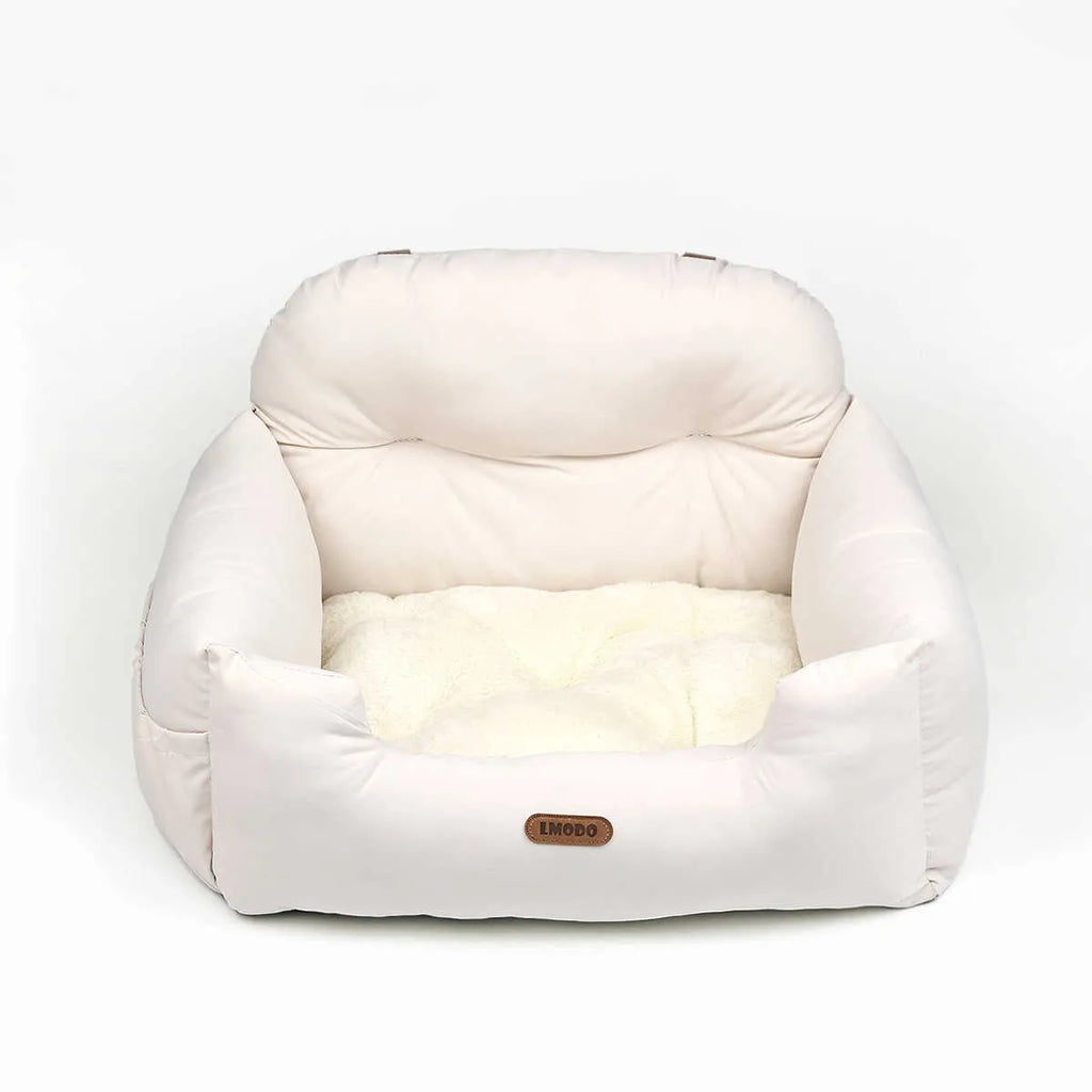 Milky white pet car nest with suede surface and PP cotton lining, 50x40x30cm, for small dogs and cats