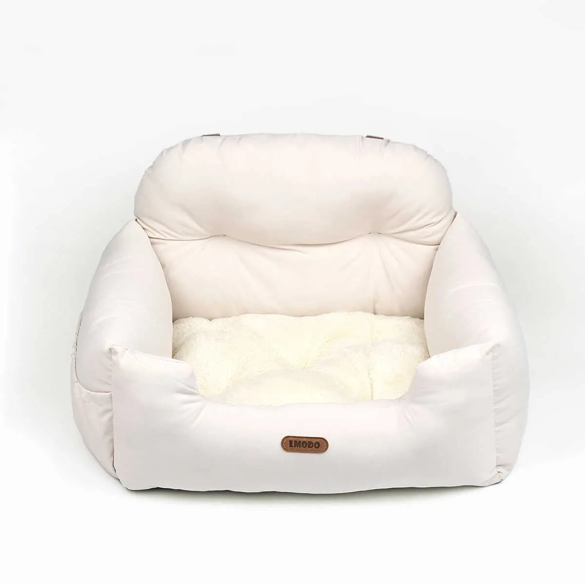 Milky white pet car nest with suede surface and PP cotton lining, 50x40x30cm, for small dogs and cats