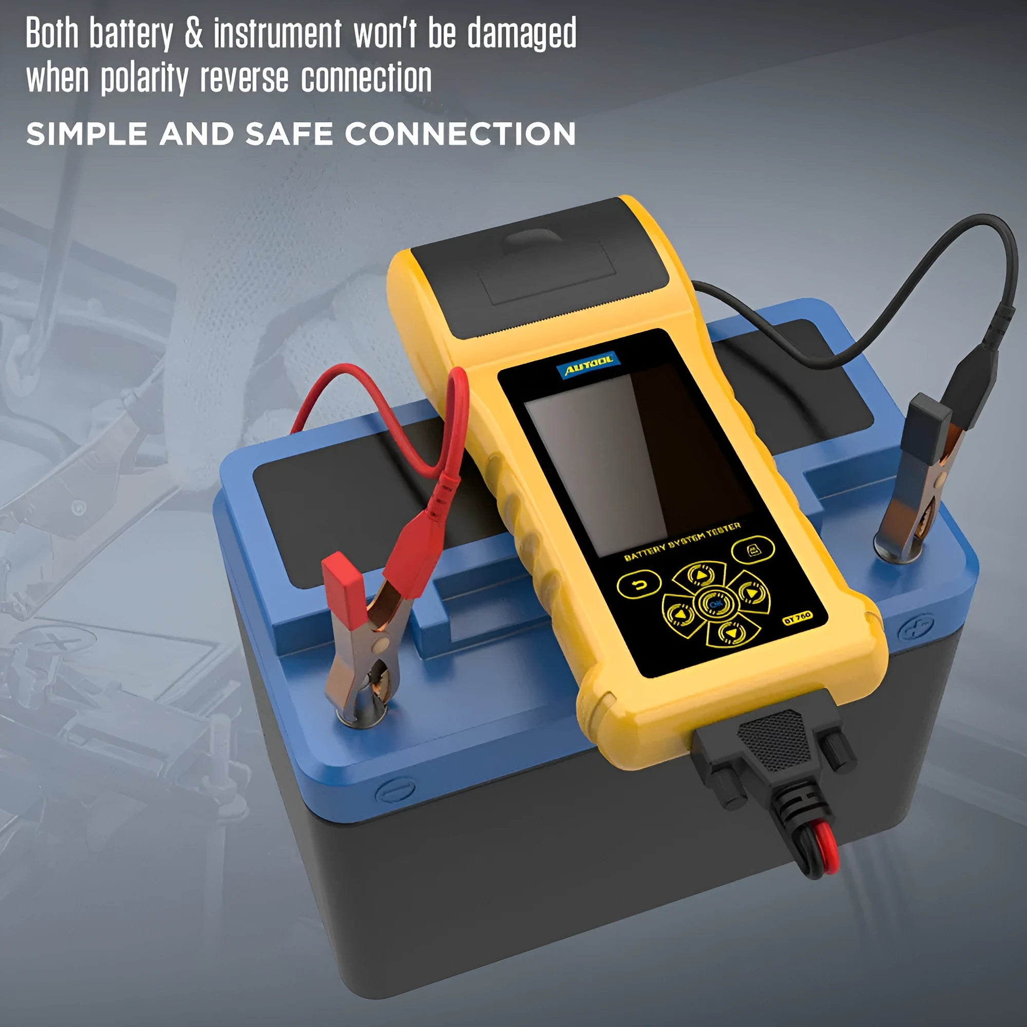 Autool BT760 digital vehicle battery tester with colour screen and thermal printer on a workshop bench.