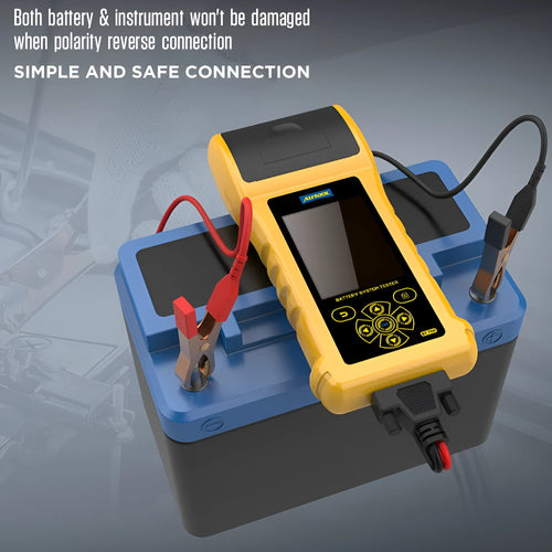 Autool BT760 digital vehicle battery tester with colour screen and thermal printer on a workshop bench.