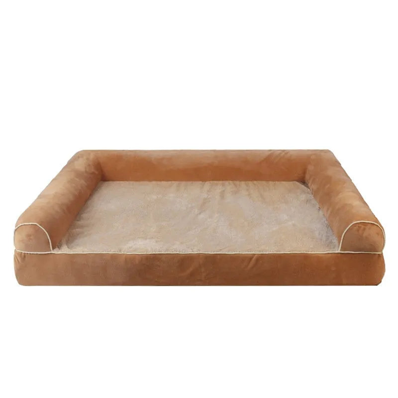 Square blue cloth dog bed with sponge filling, shown alongside dark grey, khaki, and beige colour options.