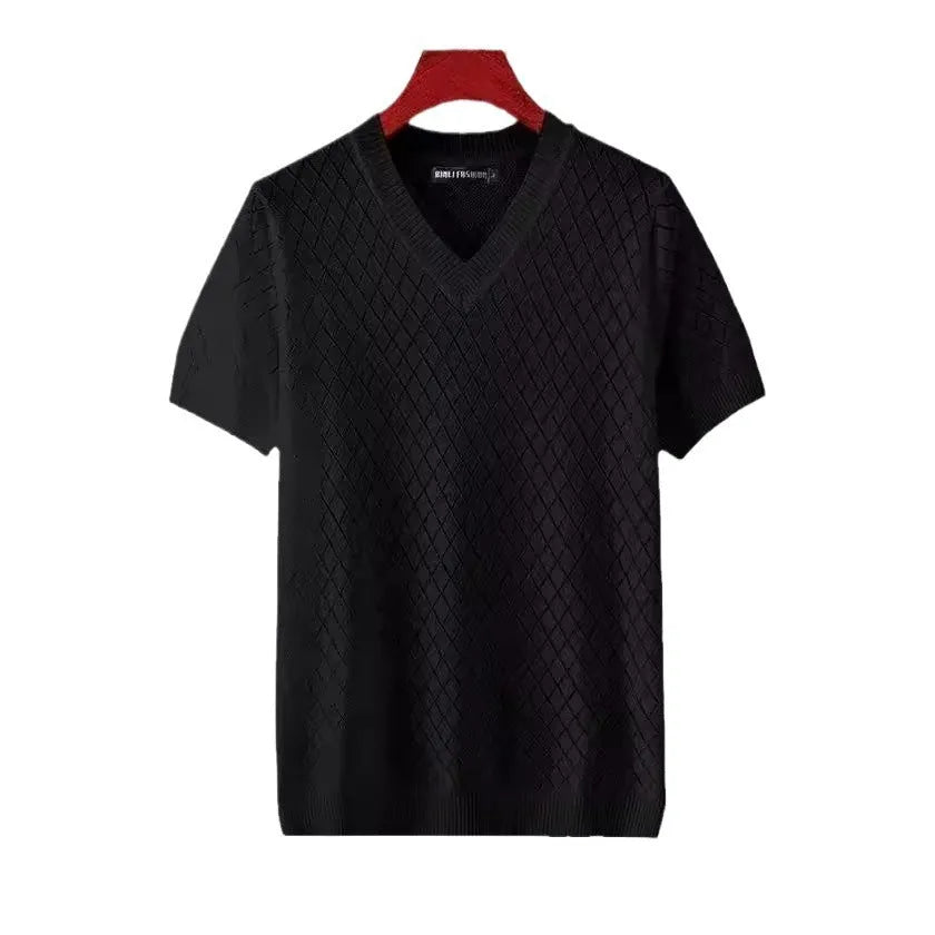 Men's Korean style ice silk T-shirt in black and white colours with V-neck and round neck options