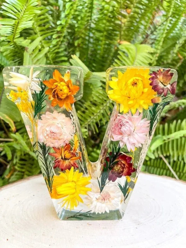 Letter Flower transparent resin night light ornament, 15cm square, personalised with a letter of your choice