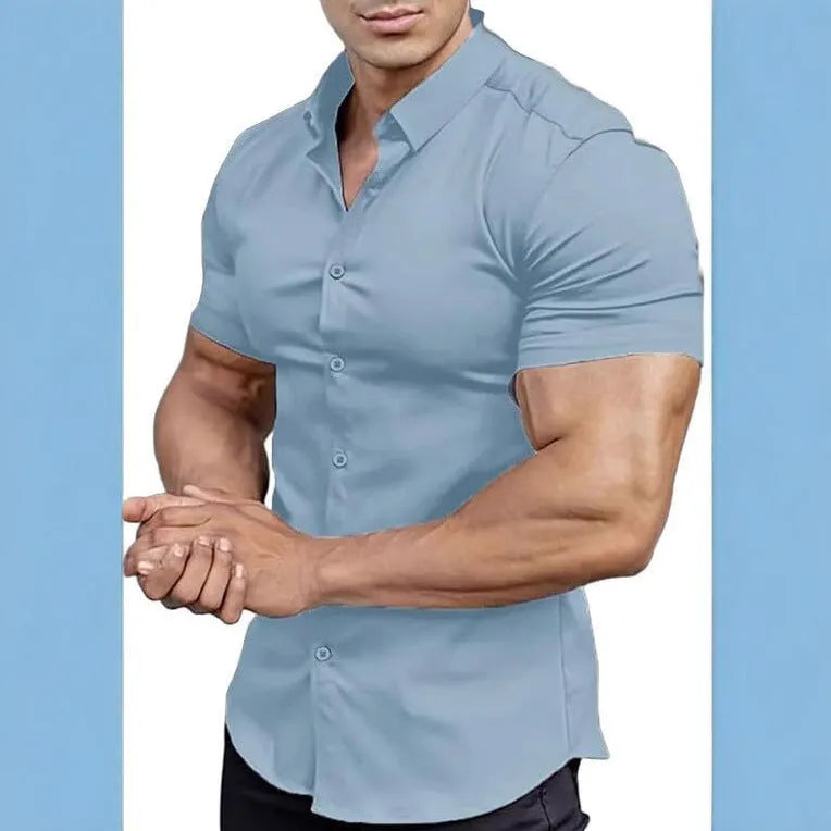 Man wearing a brown short sleeve casual printed shirt with a collar.
