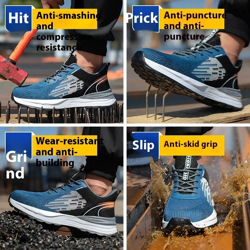 Blue men's safety work shoes with plastic toe cap and mesh upper on non-slip PU sole