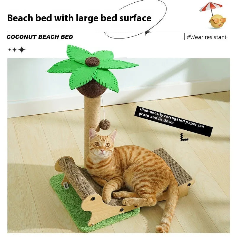 Wooden beach chair cat climbing frame with a hemp mat seat and integrated scratch board.