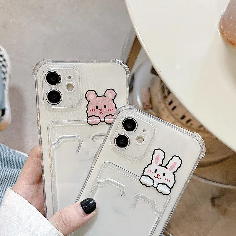 Transparent cartoon phone case with card holder pocket for iPhone models