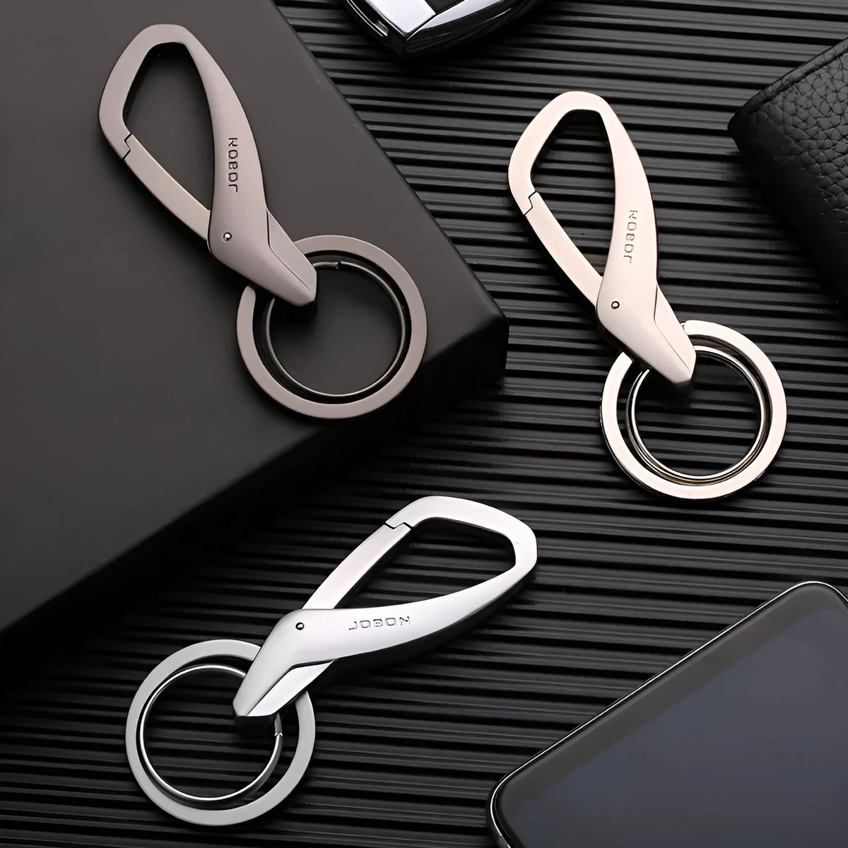 Zinc alloy double ring key chain for waist hanging car keys in black chrome or nickel finish