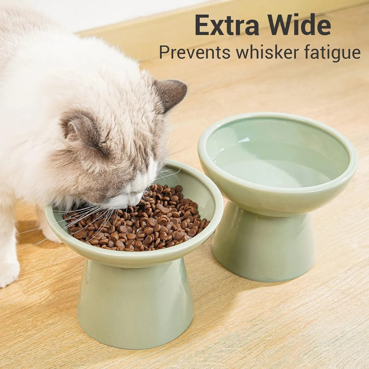 Blue ceramic elevated cat food bowl with wide shallow dish on a white surface.
