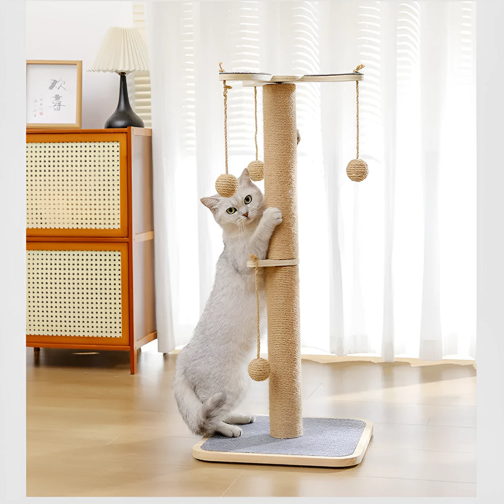 Windmill design cat climbing frame with hanging ball toy, made from pine wood and covered in beige carpet leather.
