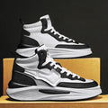 Men's black and white platform high-top board shoes with artificial PU upper and round toe