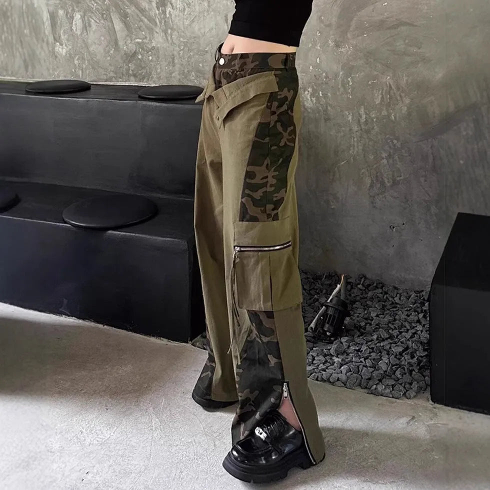 Retro high waist tooling jeans in dark khaki leopard print with contrast stitching and straight leg.