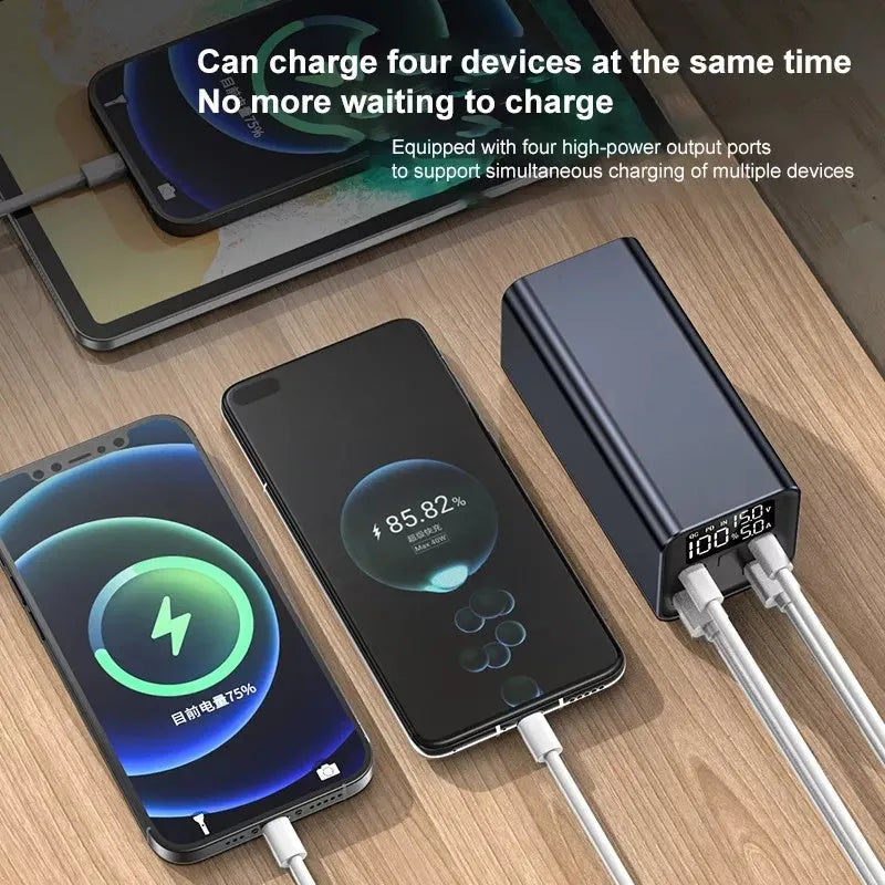 High power laptop charging bank with metal casing showing dimensions 47.5 x 104.5 x 47.5mm