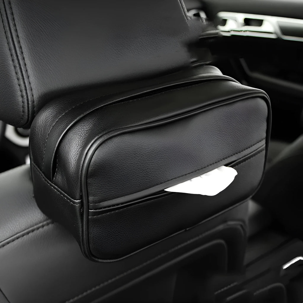 Black and beige PU leather hanging organiser box for car or home storage.