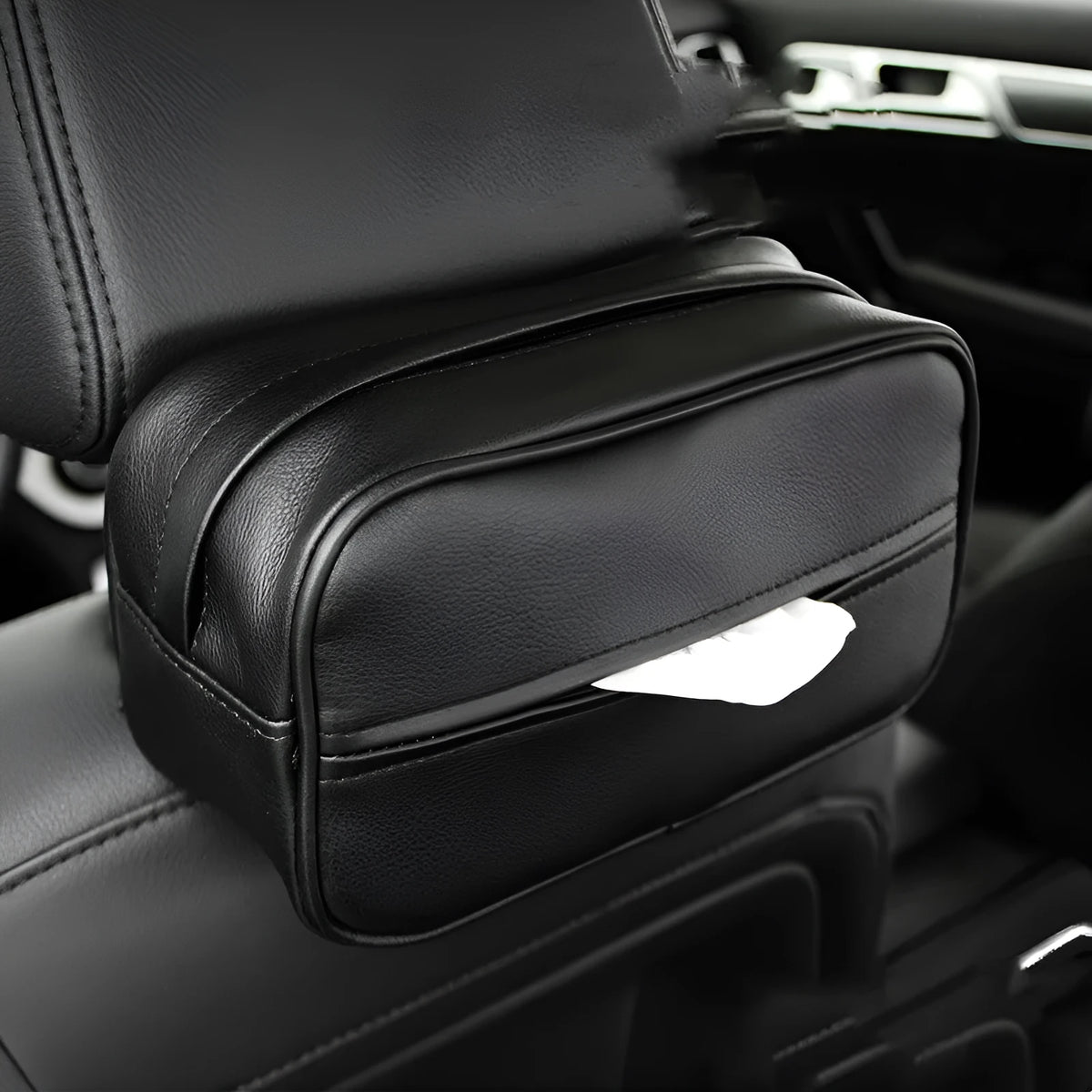 Black and beige PU leather hanging organiser box for car or home storage.