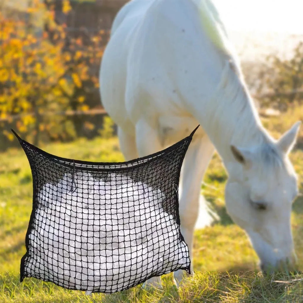 Black woven polyethylene rope hanging hay net for horses, showing the open grid pattern.