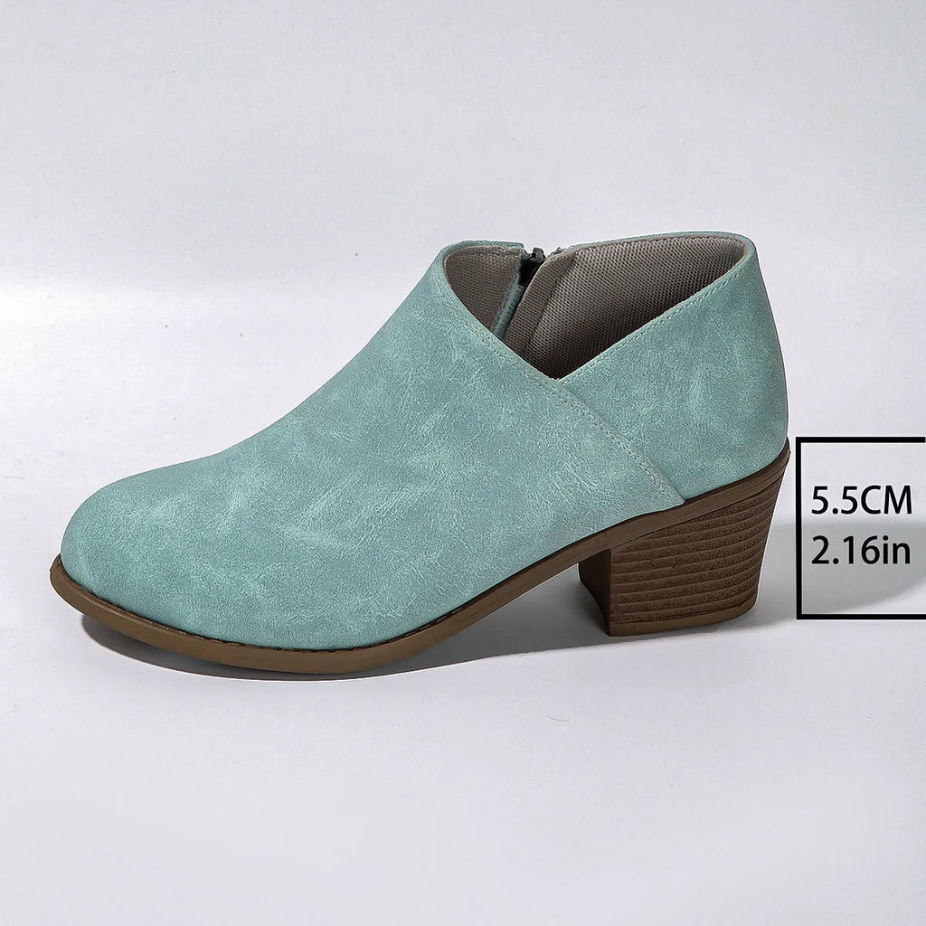 Chunky heel round toe ankle boots for women with side zipper in black, synthetic leather