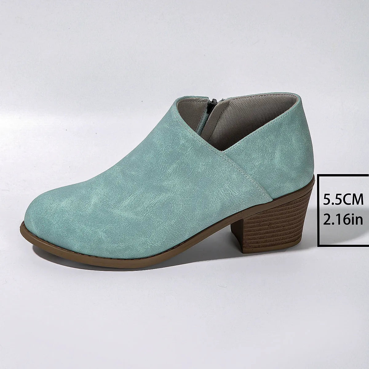 Chunky heel round toe ankle boots for women with side zipper in black, synthetic leather