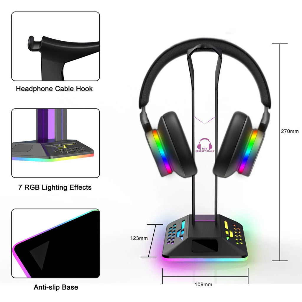 RGB headphone display stand with dual USB ports and acrylic panel in black colour variant