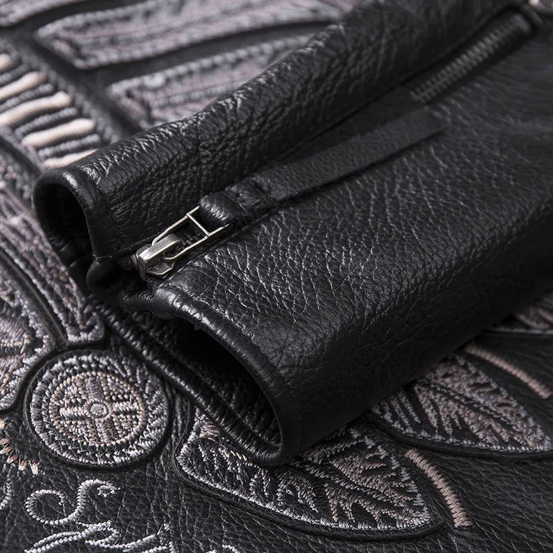 Men's stand collar genuine leather motorcycle jacket with skull pattern in black