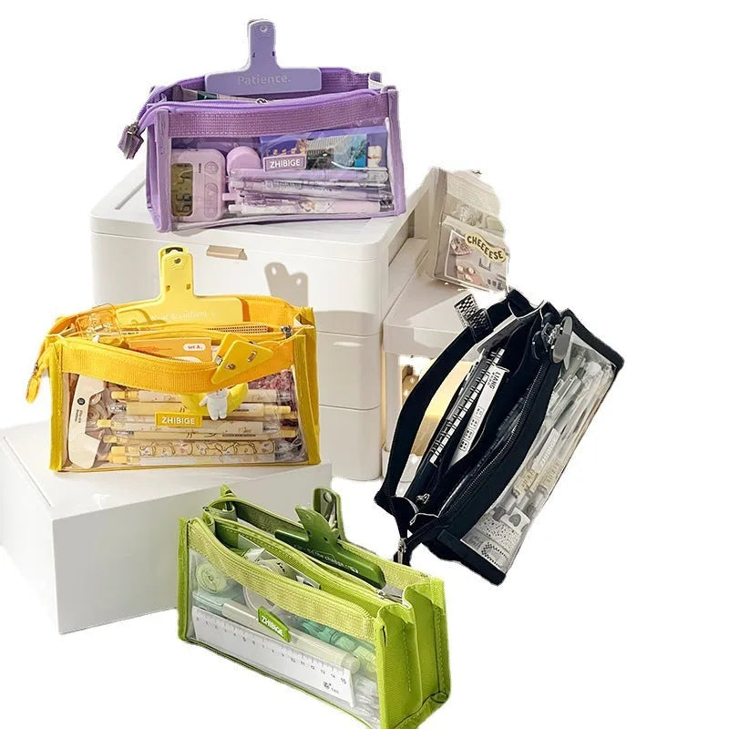 Transparent primary school pen bag in gardenia yellow, 6-layer upgrade, holds 80 pens, with free neutral pens