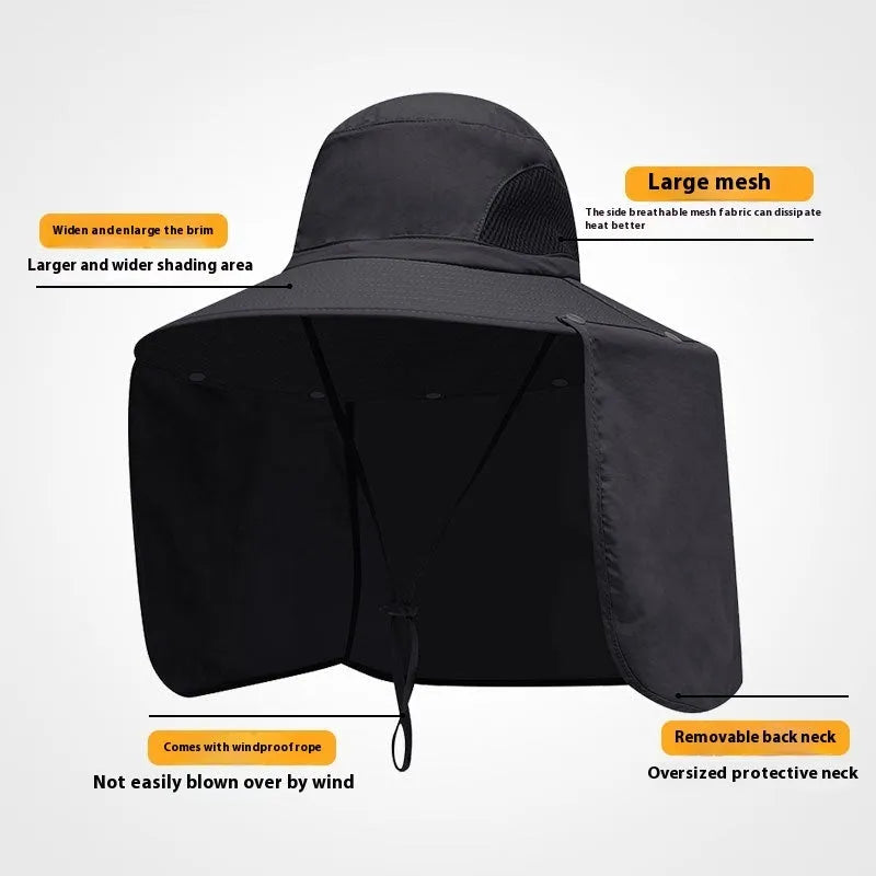 Summer fisherman hat with neck protection in khaki, showing dome crown and nylon fabric outdoors