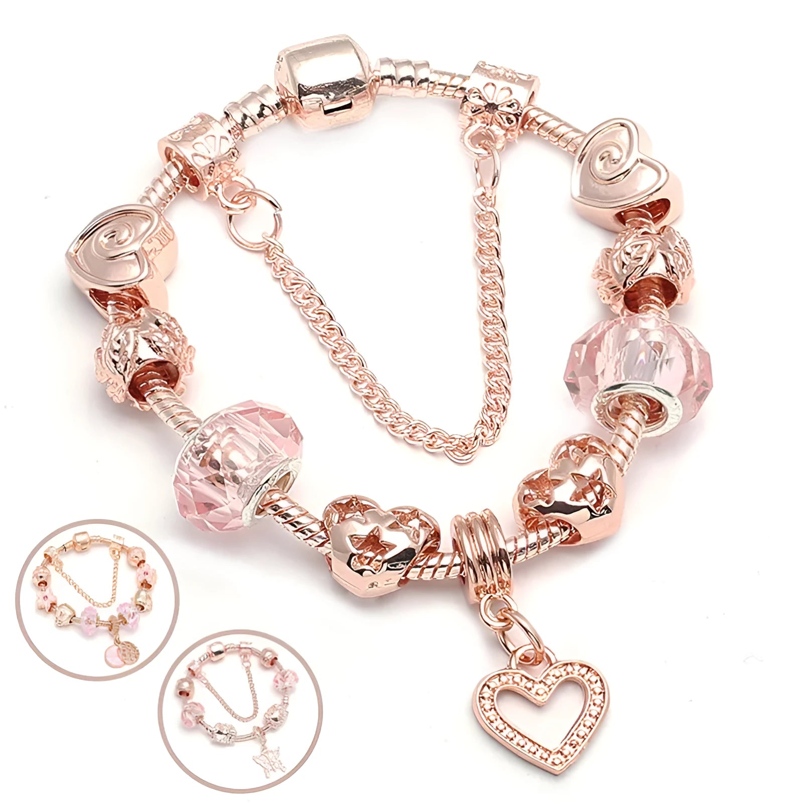 Rose gold geometric love bracelet on display with alloy plating finish