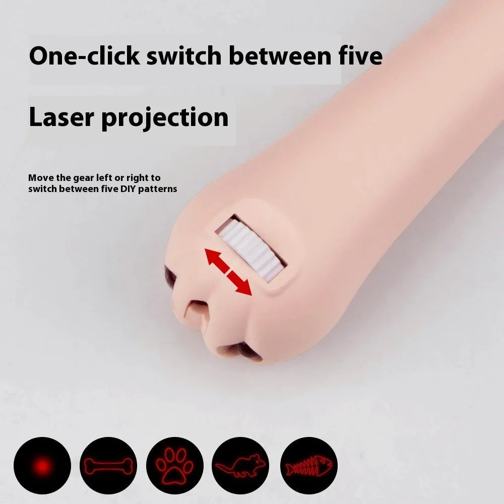 Infrared cat teasing stick toy showing multiple colour options and laser light patterns for pet play.