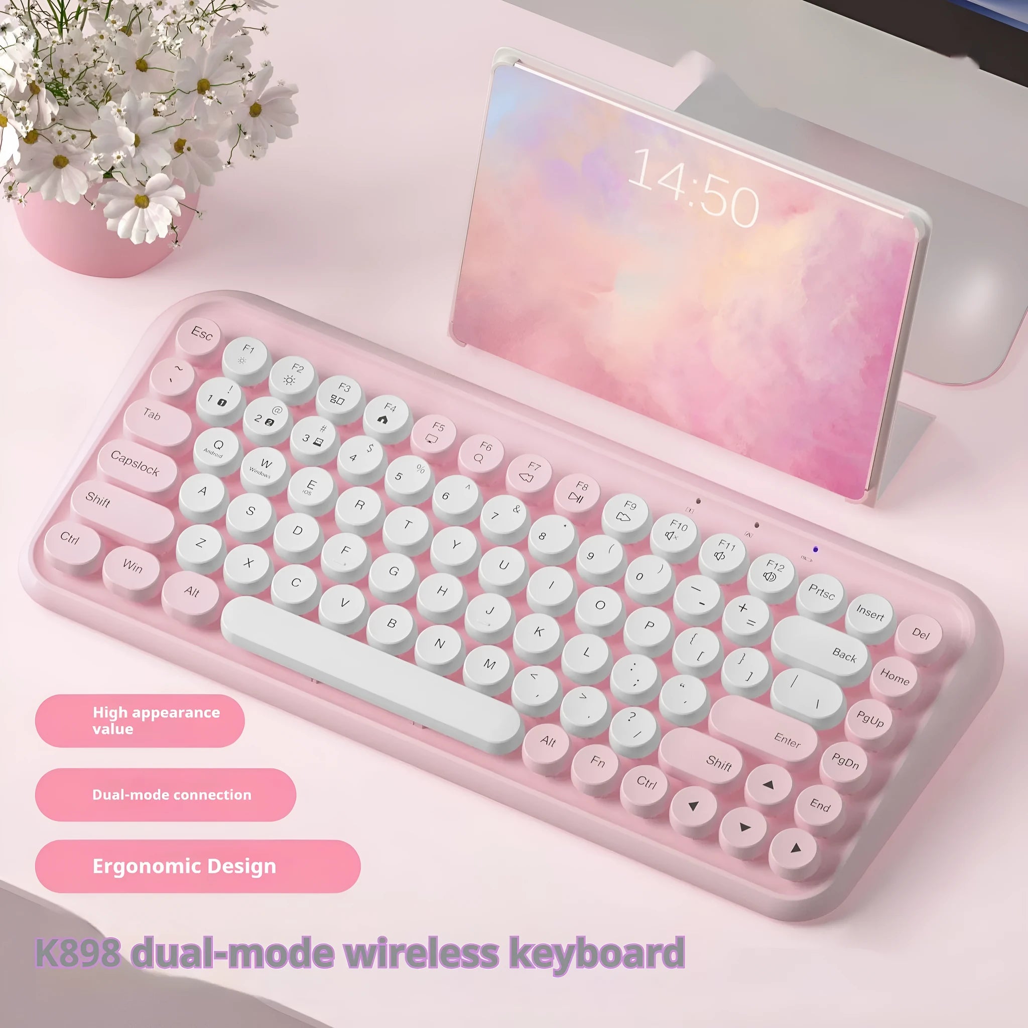 Pink wireless Bluetooth keyboard with 84 keys showing portable slim design