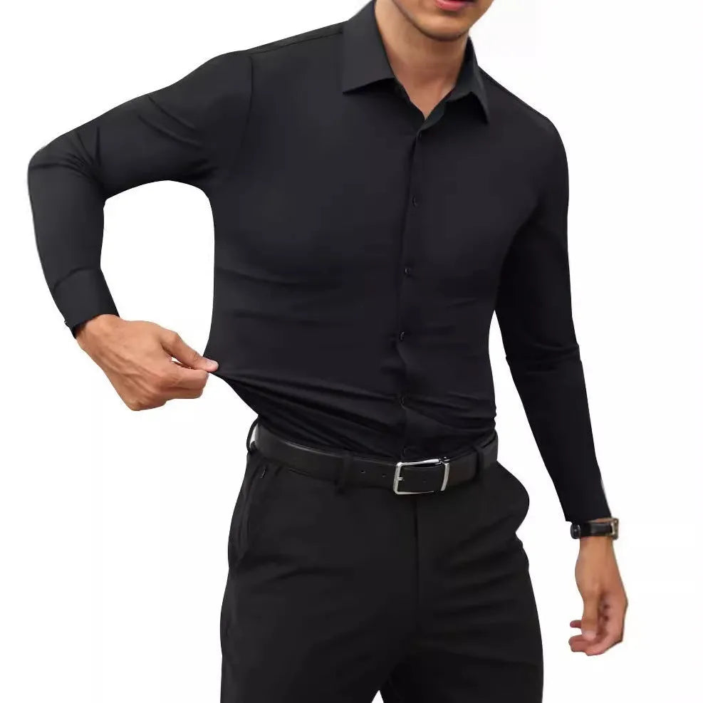 Men's long sleeve solid colour cardigan style shirt with four-sided elastic polyester fabric