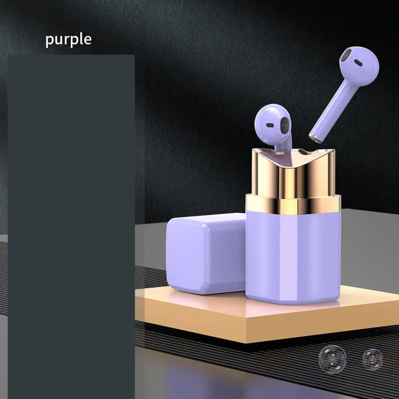 Fashion lipstick-shaped wireless Bluetooth earphones in black, pink, purple, and white with charging case.