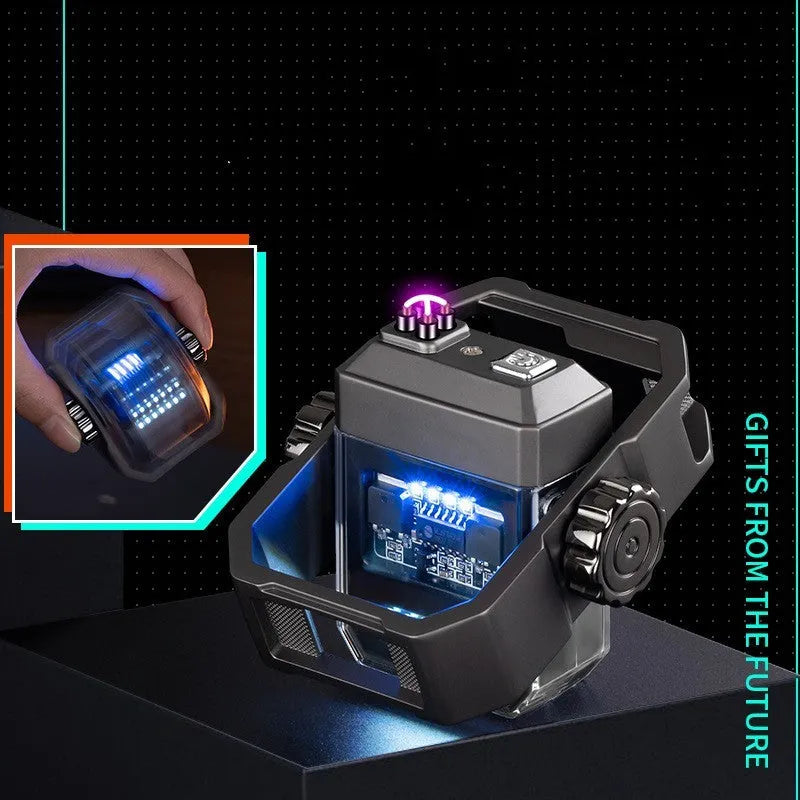 Zinc alloy windproof double arc electric lighter with rotary gyroscope in black nickel brushed finish on a dark background