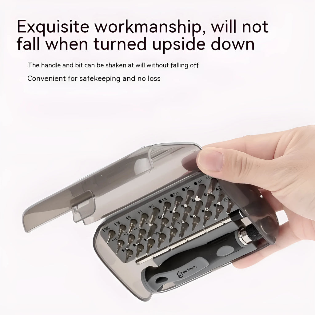 32-in-1 screwdriver set with bits organised in a compact neutral-coloured plastic case